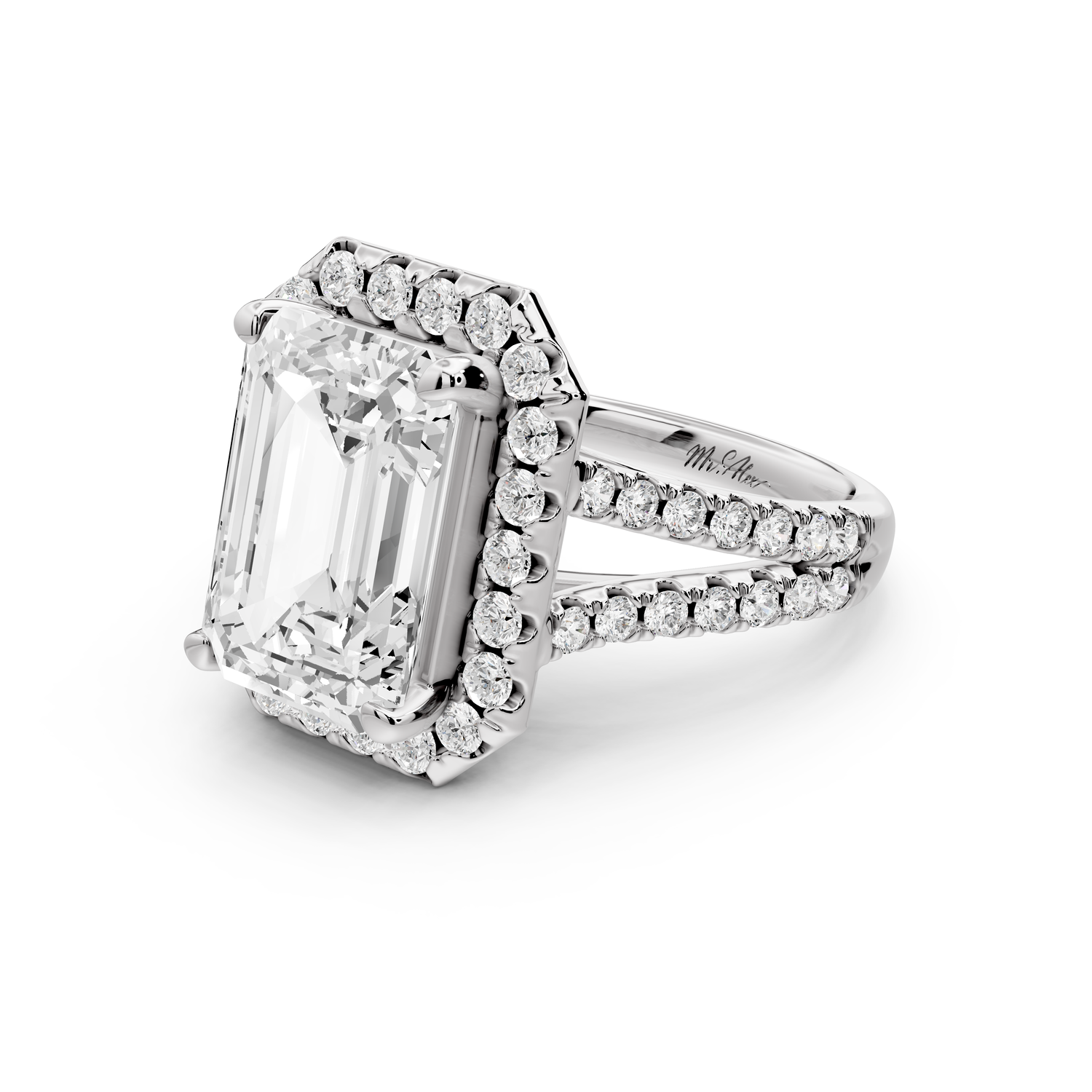 Gabrielle - 5ct 14k white gold emerald Diamond Graduated Halo Pavé Split Shank Engagement Ring