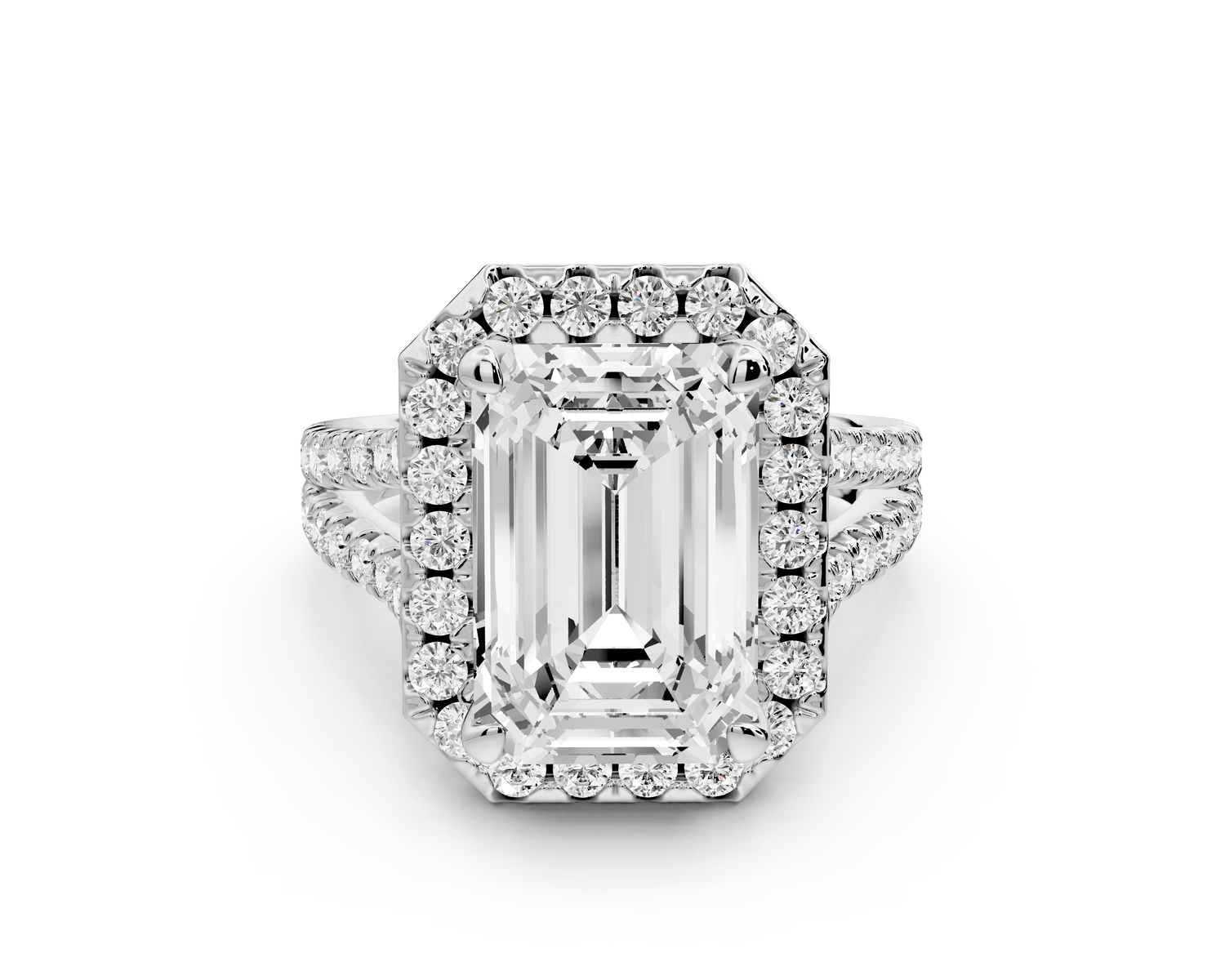 Gabrielle - 5ct 14k white gold emerald Diamond Graduated Halo Pavé Split Shank Engagement Ring