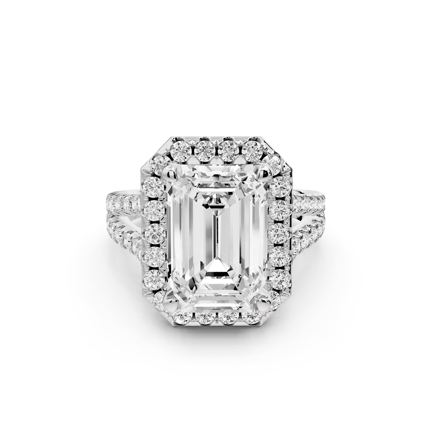 Gabrielle - 5ct 14k white gold emerald Diamond Graduated Halo Pavé Split Shank Engagement Ring