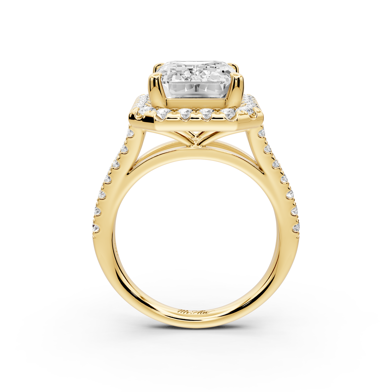 Gabrielle - 5ct 14k yellow gold emerald Diamond Graduated Halo Pavé Split Shank Engagement Ring