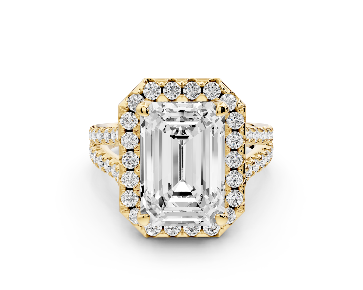 Gabrielle - 5ct 14k yellow gold emerald Diamond Graduated Halo Pavé Split Shank Engagement Ring
