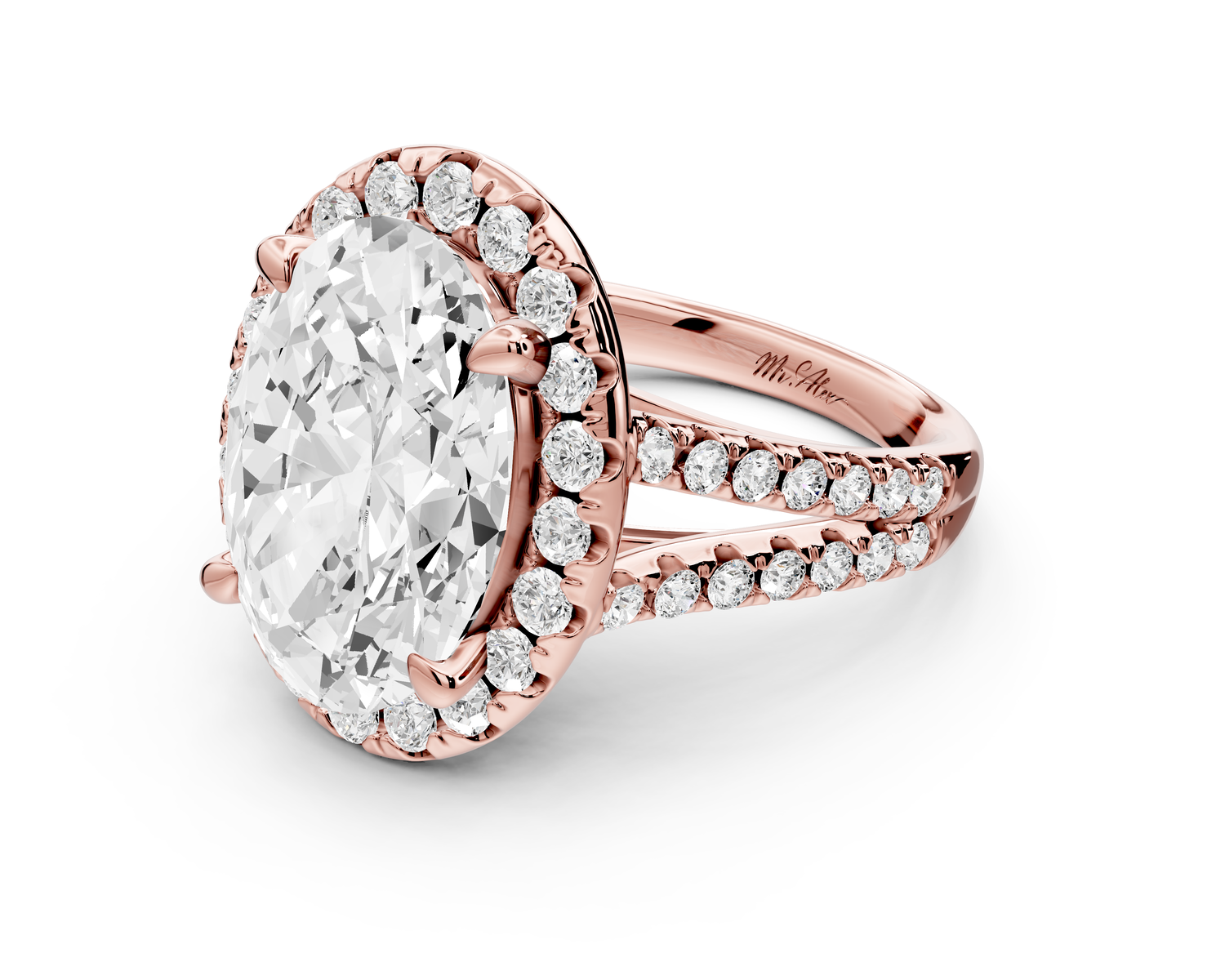 Gabrielle - 5ct 14k rose gold oval Diamond Graduated Halo Pavé Split Shank Engagement Ring