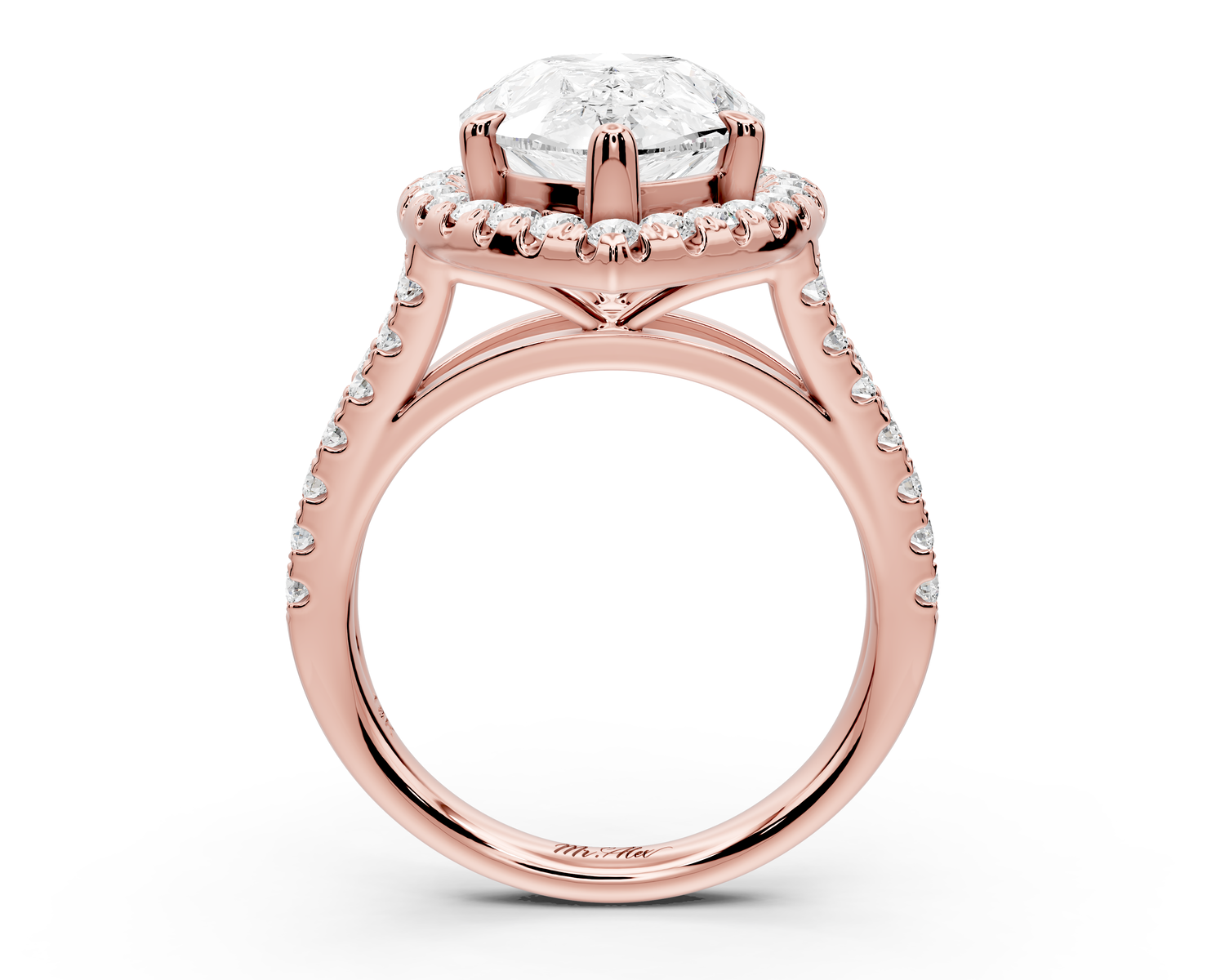 Gabrielle - 5ct 14k rose gold pear Diamond Graduated Halo Pavé Split Shank Engagement Ring