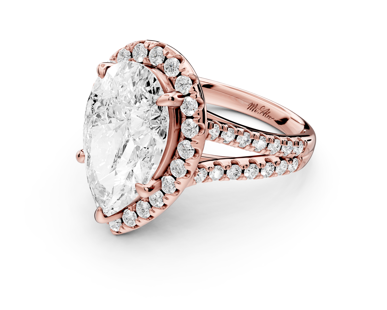 Gabrielle - 5ct 14k rose gold pear Diamond Graduated Halo Pavé Split Shank Engagement Ring