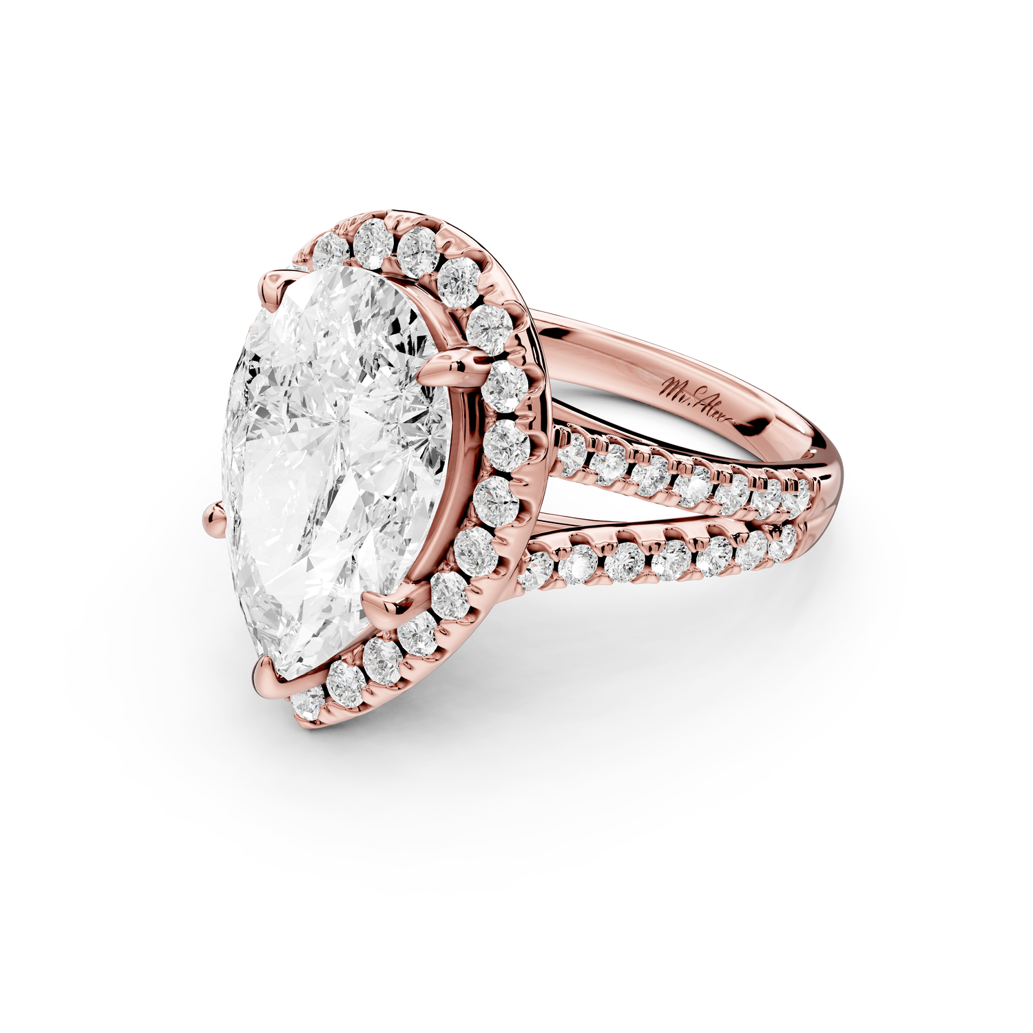 Gabrielle - 5ct 14k rose gold pear Diamond Graduated Halo Pavé Split Shank Engagement Ring