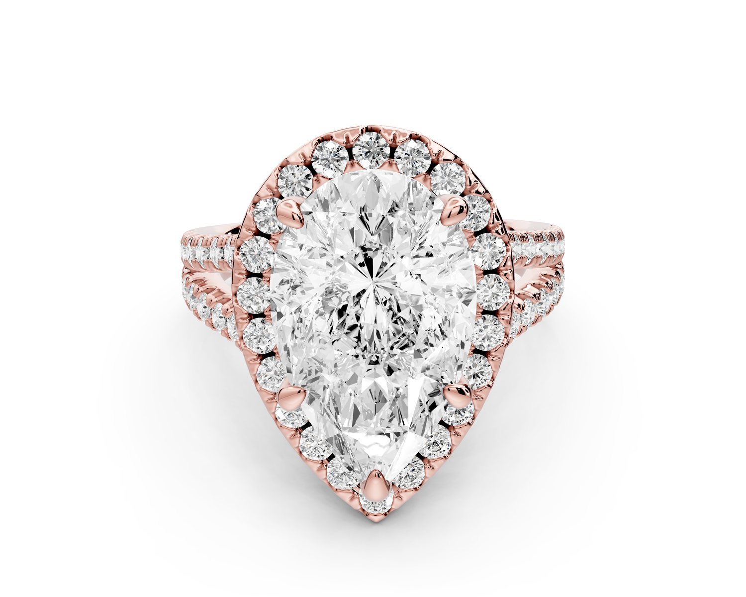 Gabrielle - 5ct 14k rose gold pear Diamond Graduated Halo Pavé Split Shank Engagement Ring