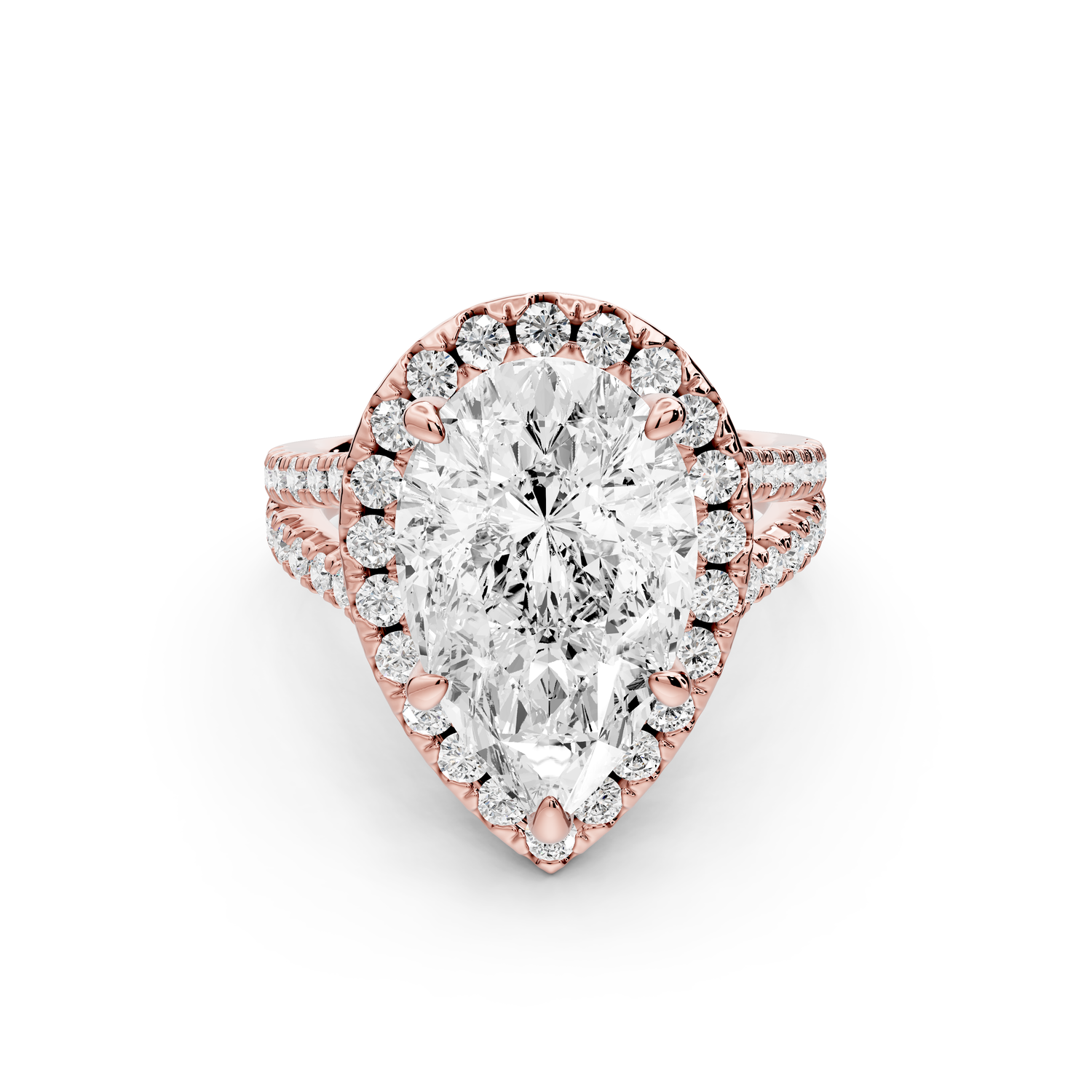 Gabrielle - 5ct 14k rose gold pear Diamond Graduated Halo Pavé Split Shank Engagement Ring
