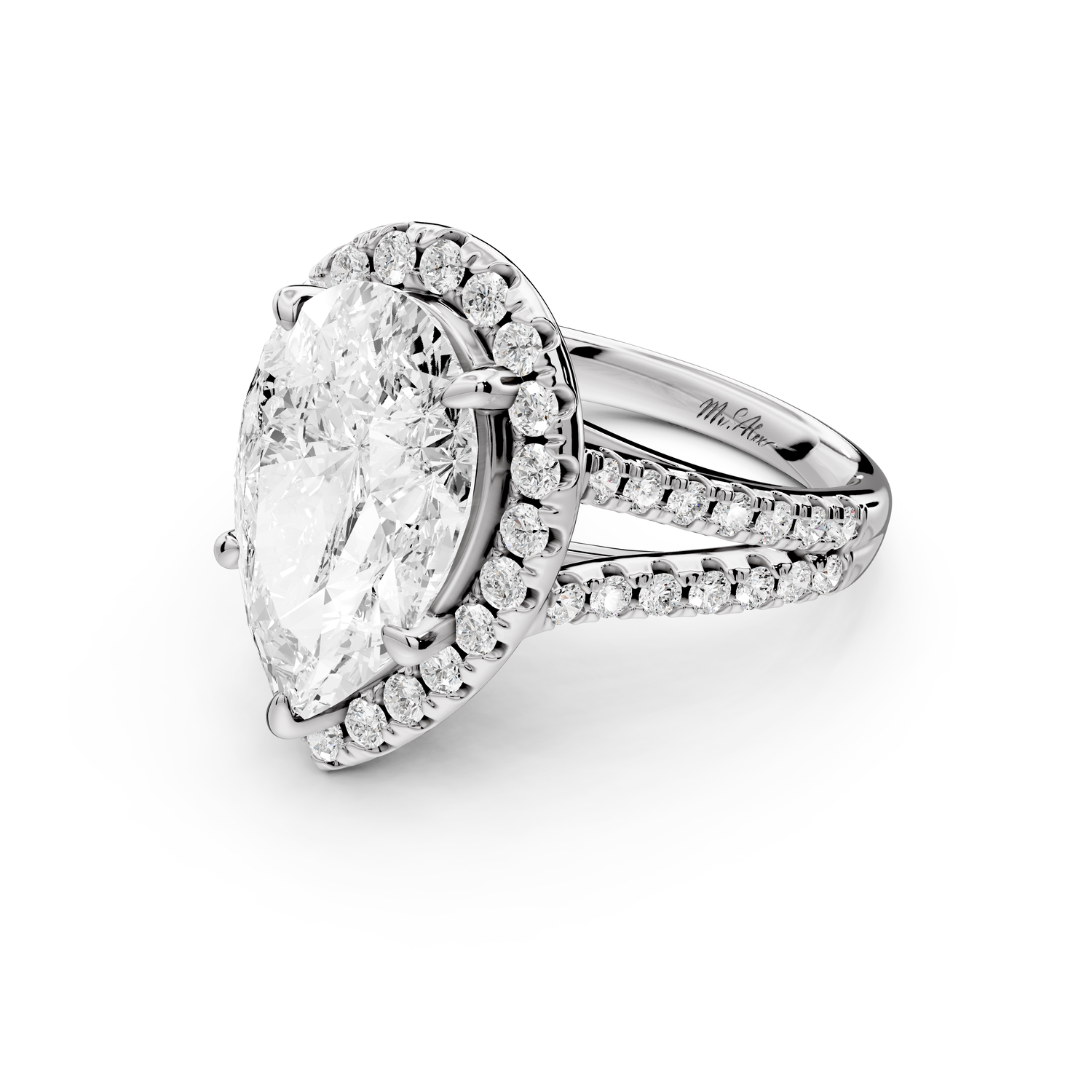 Gabrielle - 5ct 14k white gold pear Diamond Graduated Halo Pavé Split Shank Engagement Ring