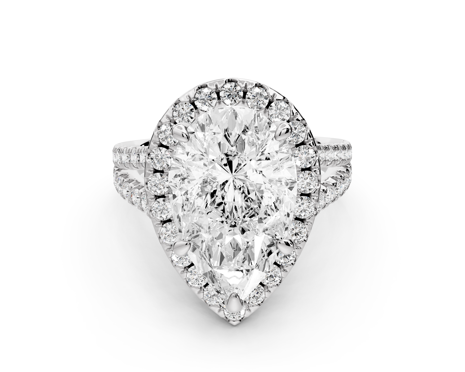 Gabrielle - 5ct 14k white gold pear Diamond Graduated Halo Pavé Split Shank Engagement Ring