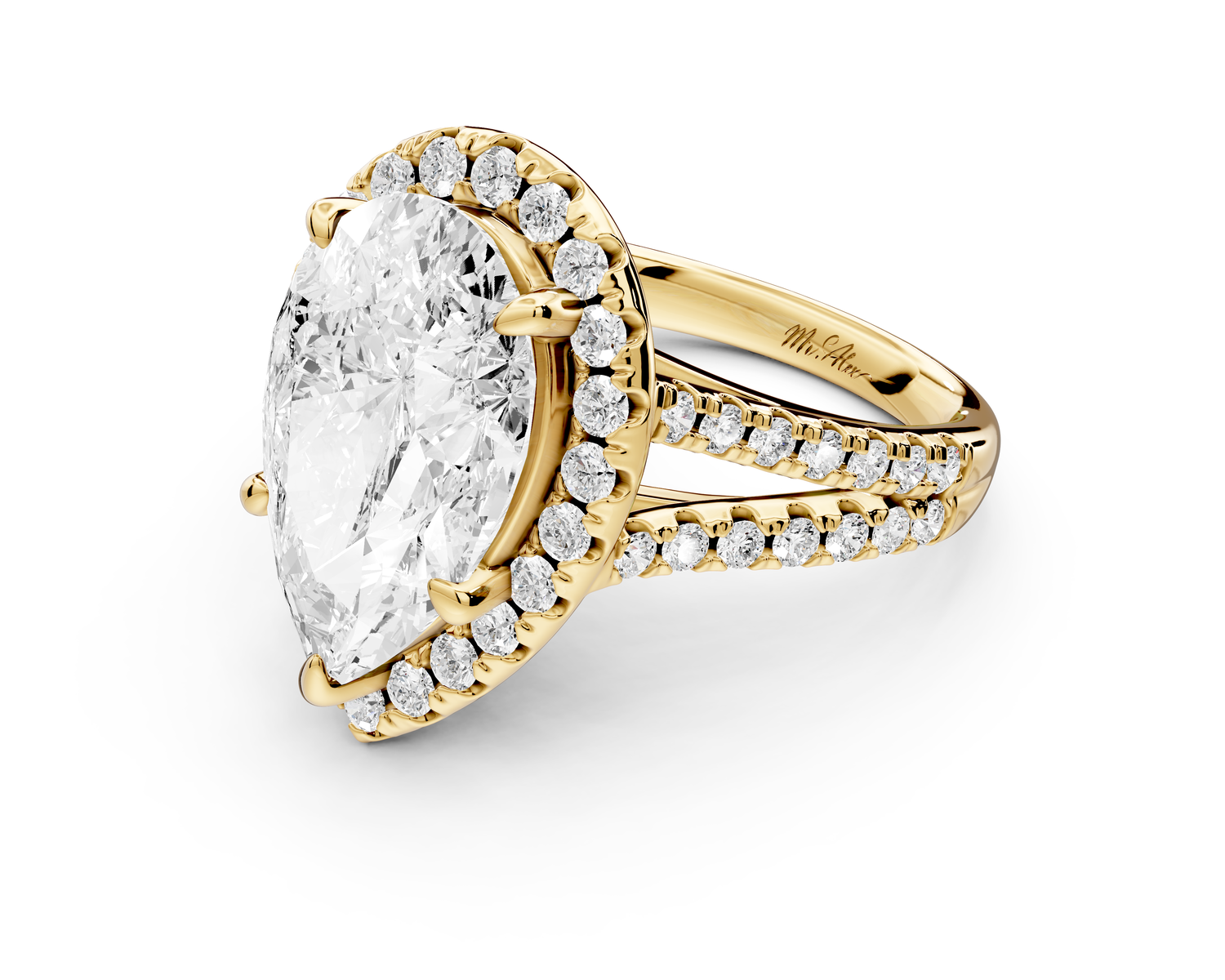 Gabrielle - 5ct 14k yellow gold pear Diamond Graduated Halo Pavé Split Shank Engagement Ring