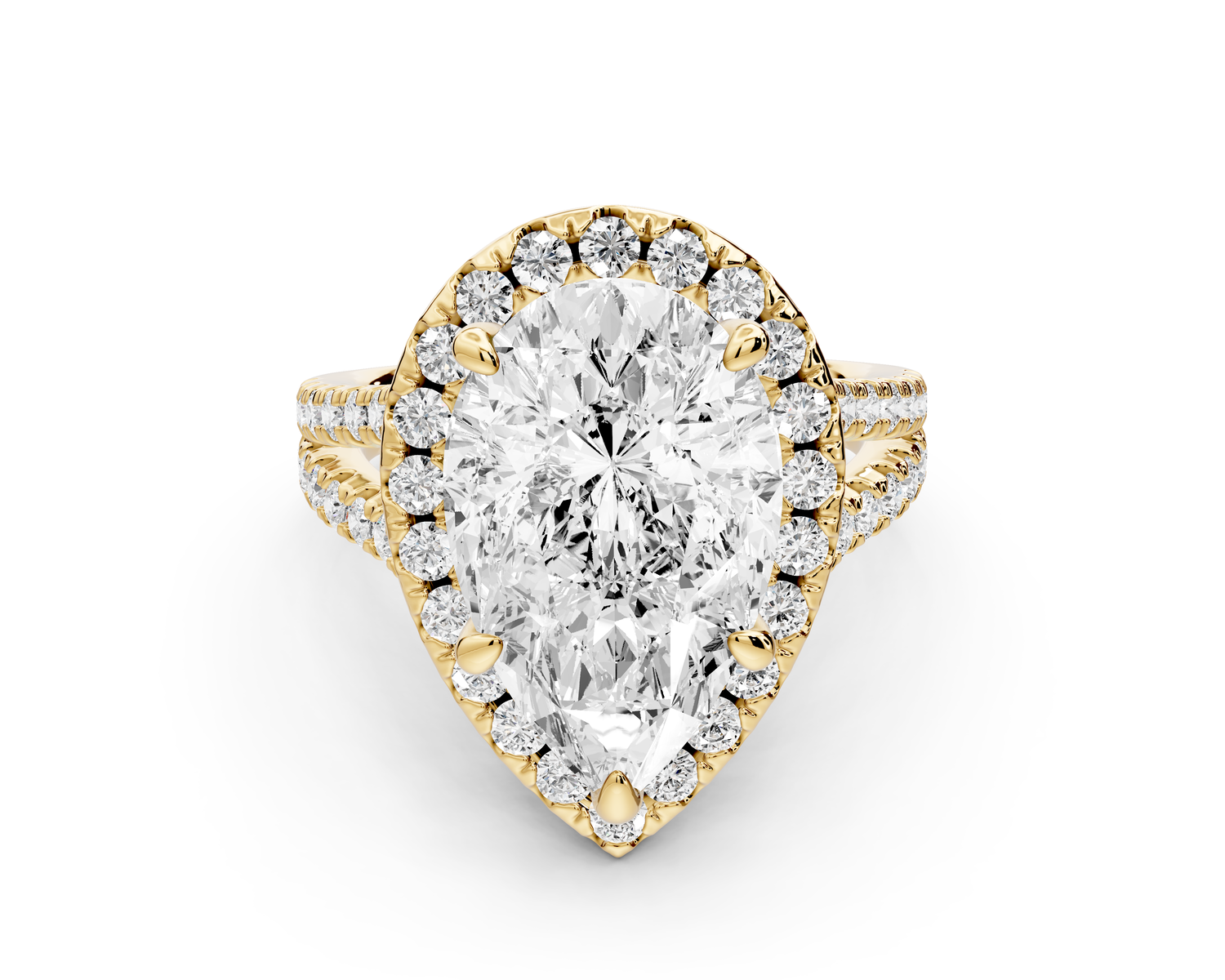 Gabrielle - 5ct 14k yellow gold pear Diamond Graduated Halo Pavé Split Shank Engagement Ring