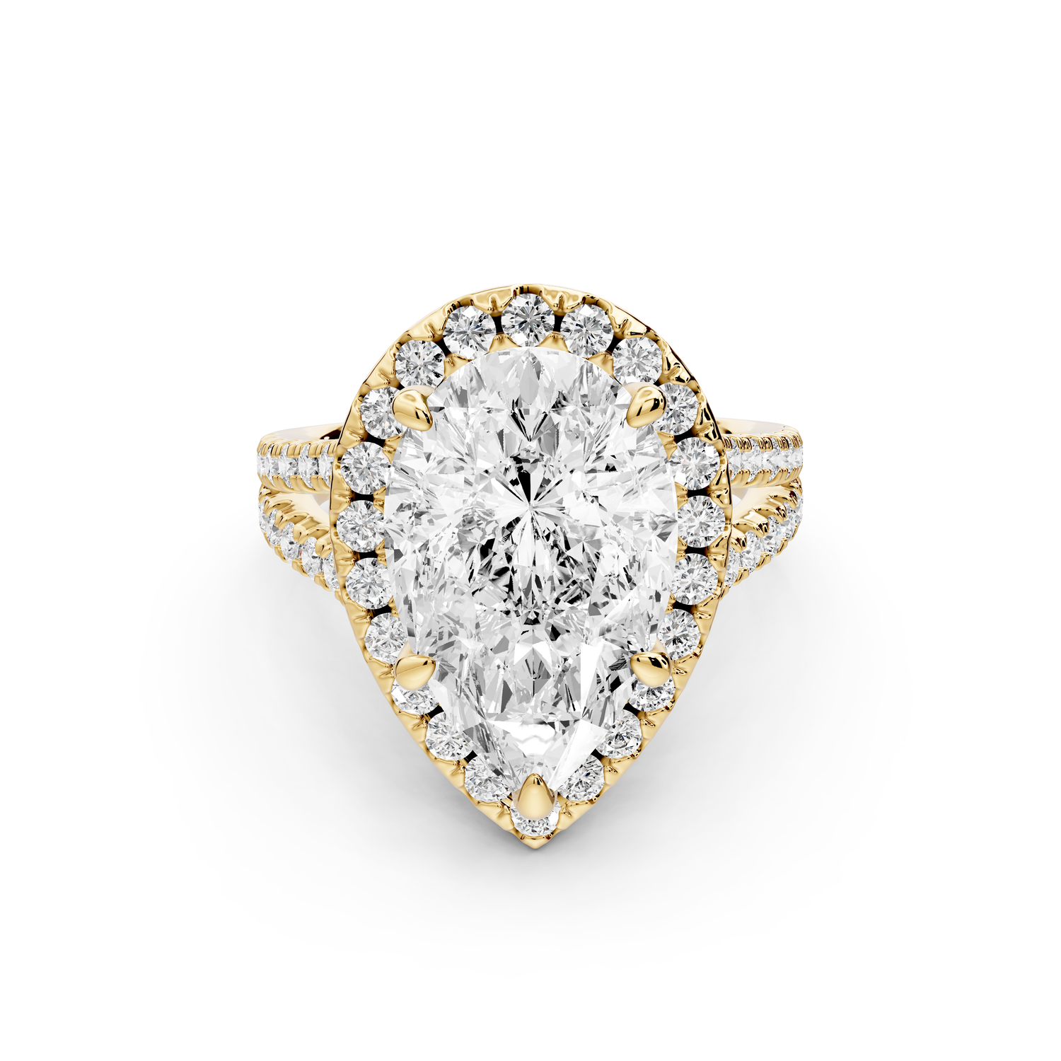 Gabrielle - 5ct 14k yellow gold pear Diamond Graduated Halo Pavé Split Shank Engagement Ring