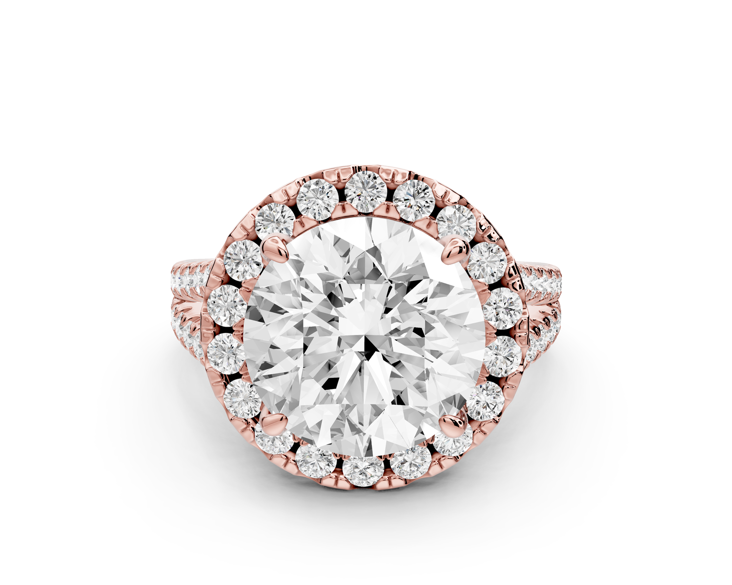 Gabrielle - 5ct 14k rose gold round Diamond Graduated Halo Pavé Split Shank Engagement Ring