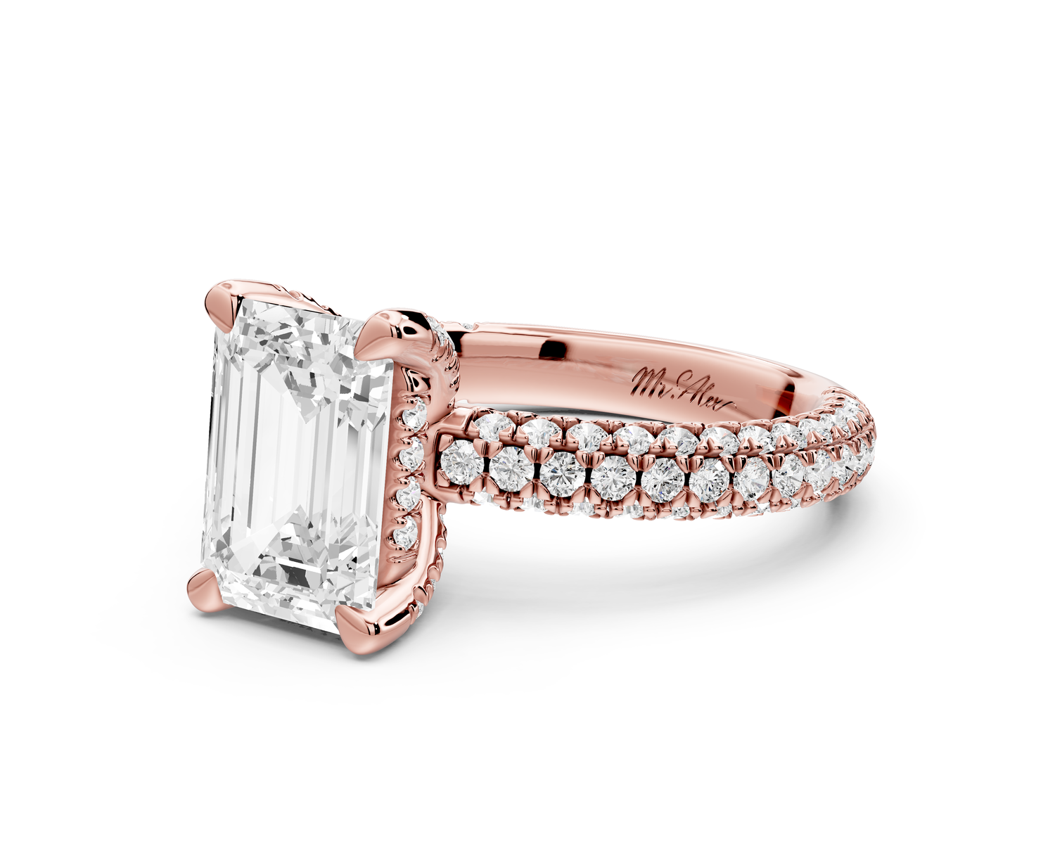 Emilia - 2ct 14k rose gold emerald Hidden Halo Diamond Crown Rollover Pavé Engagement Ring