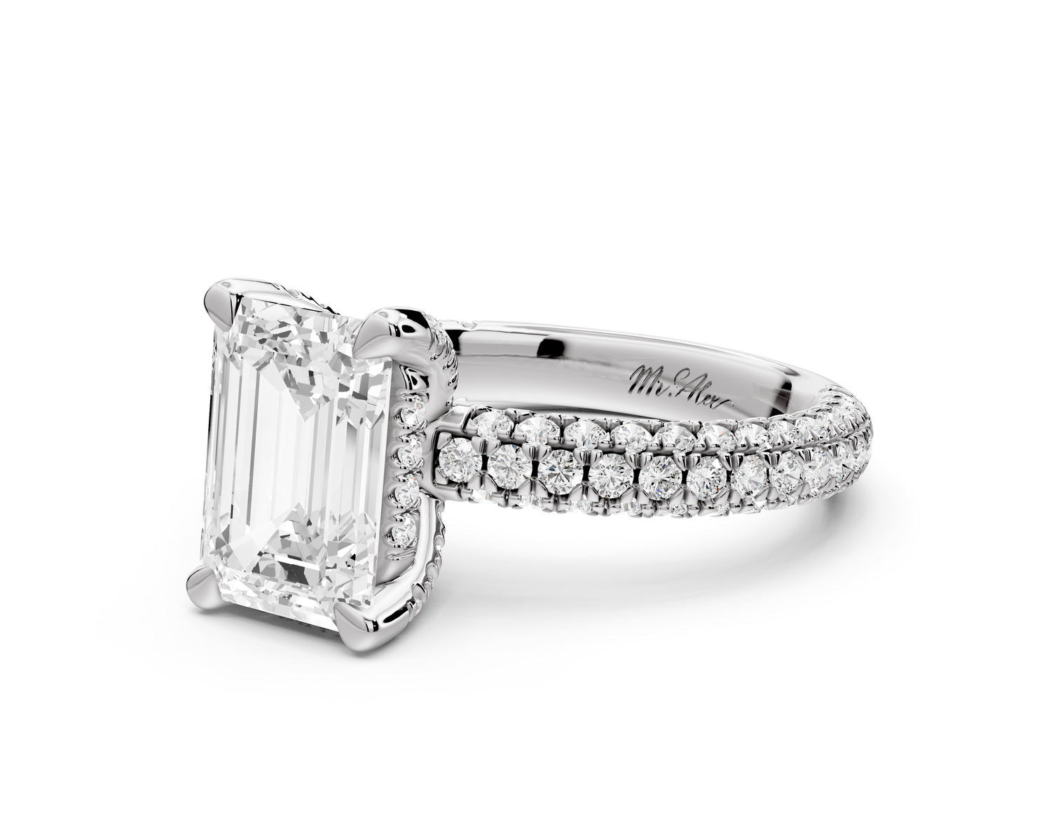 Emilia - 2ct 14k white gold emerald Hidden Halo Diamond Crown Rollover Pavé Engagement Ring