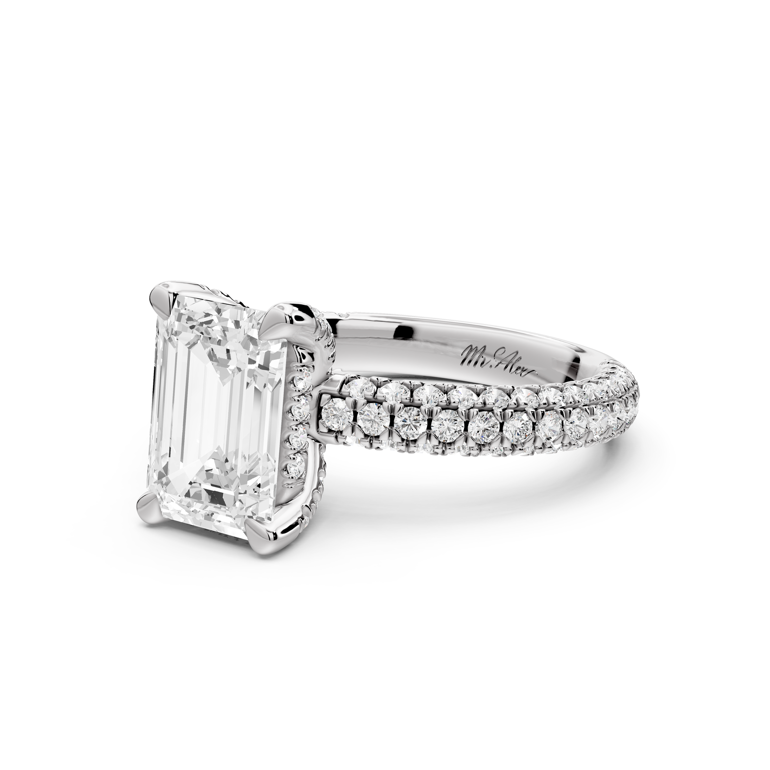 Emilia - 2ct 14k white gold emerald Hidden Halo Diamond Crown Rollover Pavé Engagement Ring