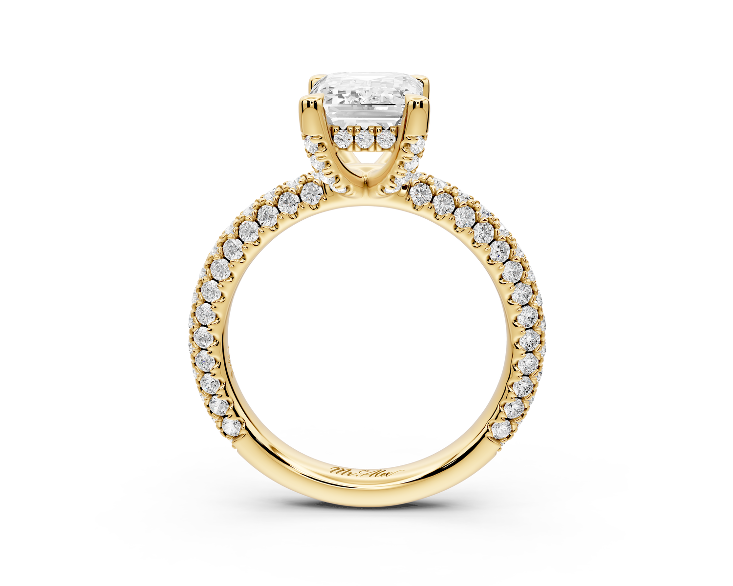 Emilia - 2ct 14k yellow gold emerald Hidden Halo Diamond Crown Rollover Pavé Engagement Ring