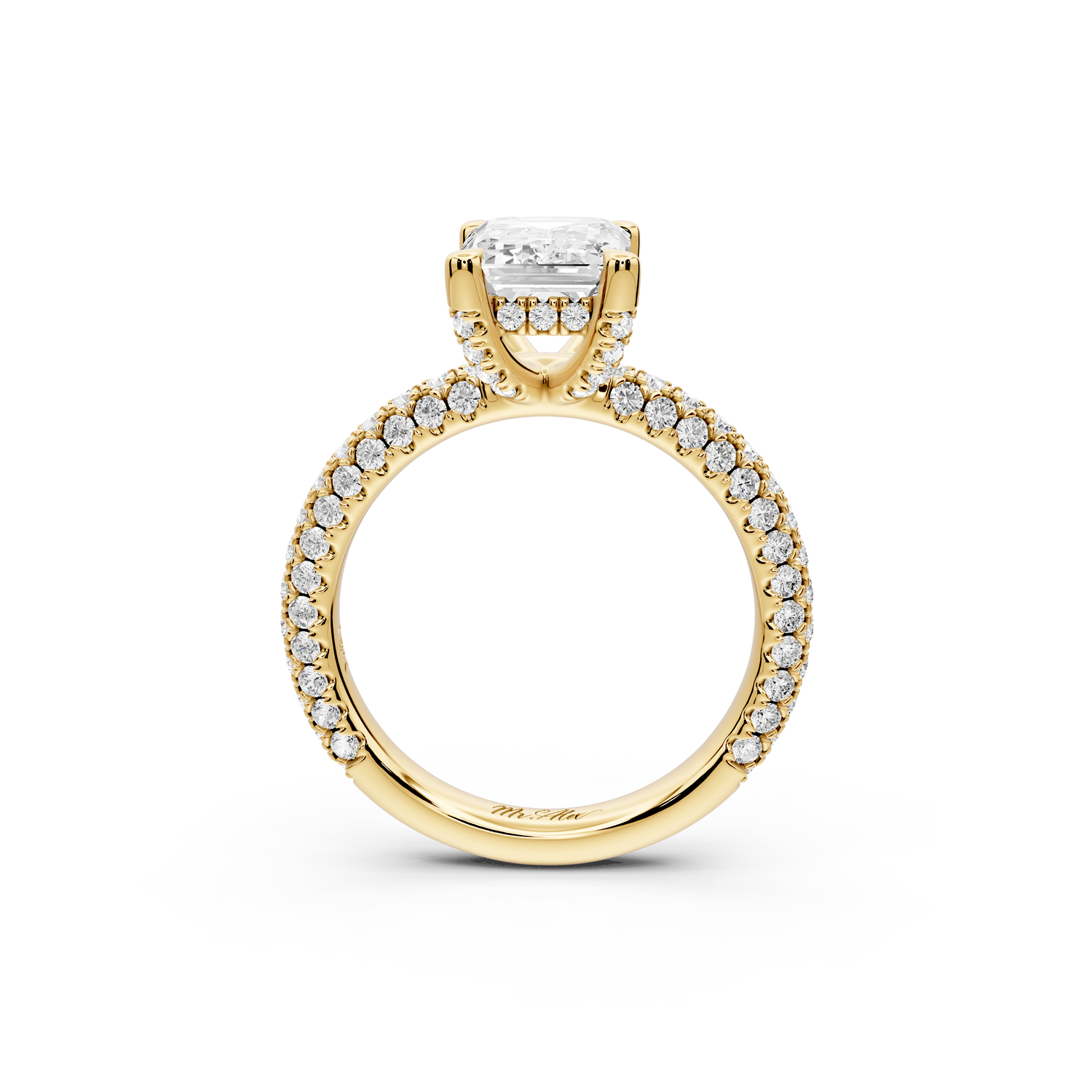 Emilia - 2ct 14k yellow gold emerald Hidden Halo Diamond Crown Rollover Pavé Engagement Ring
