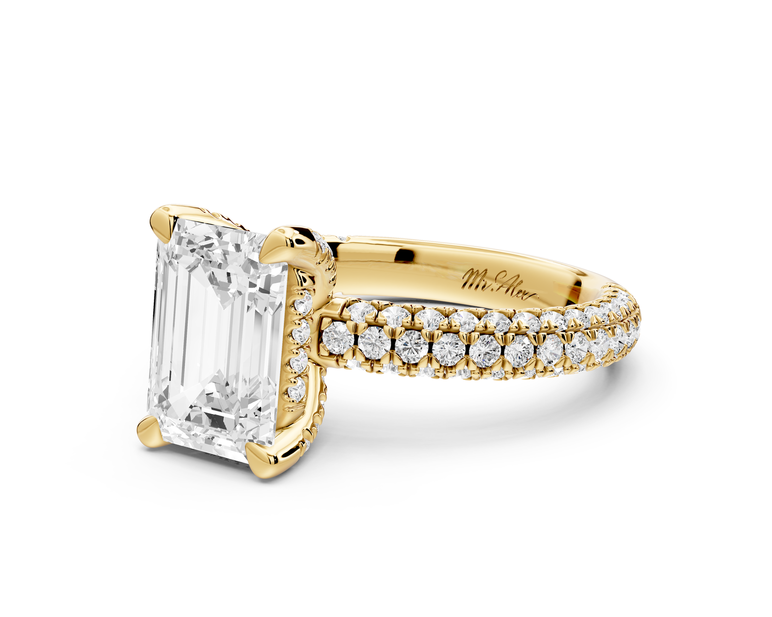 Emilia - 2ct 14k yellow gold emerald Hidden Halo Diamond Crown Rollover Pavé Engagement Ring