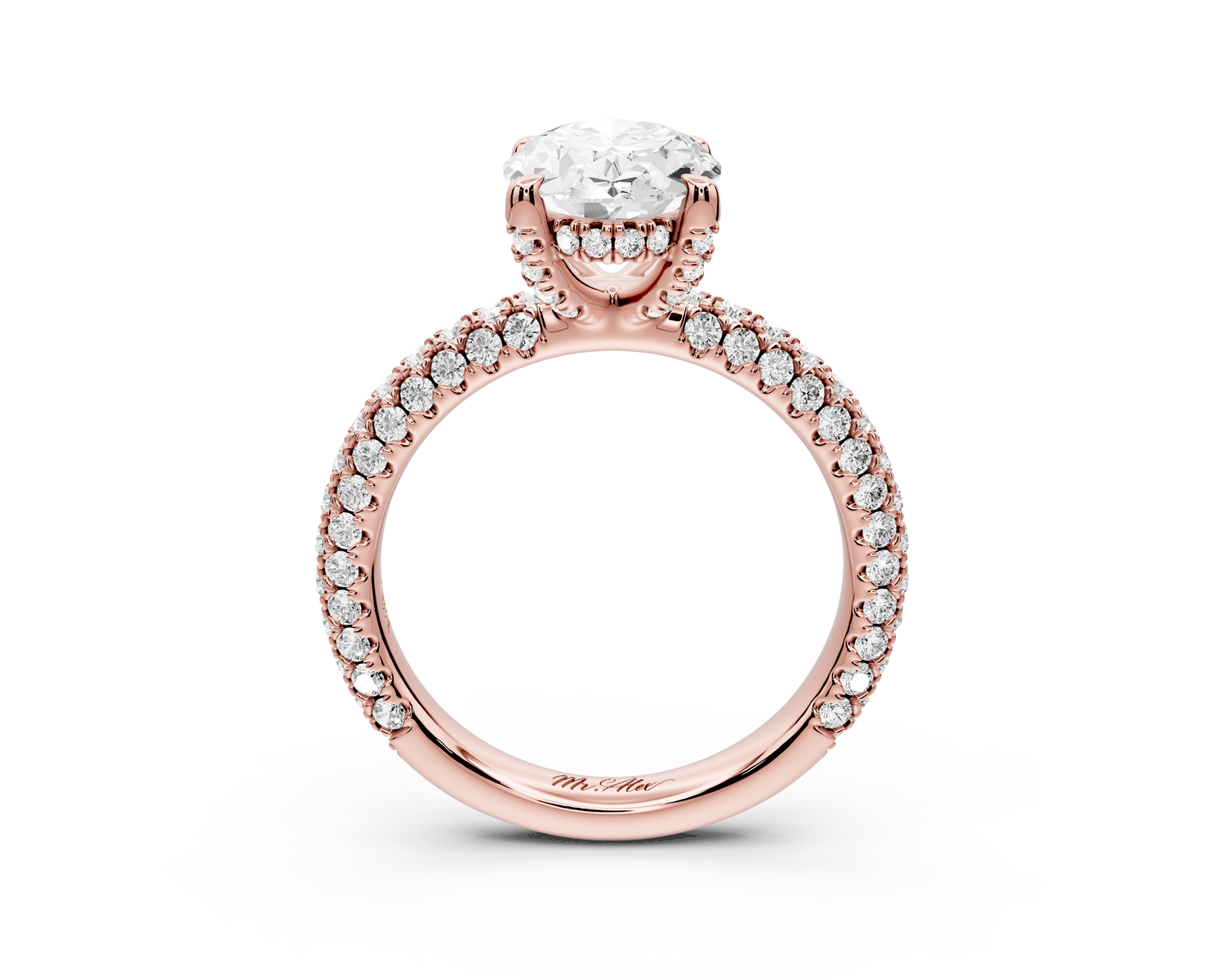 Emilia - 2ct 14k rose gold oval Hidden Halo Diamond Crown Rollover Pavé Engagement Ring