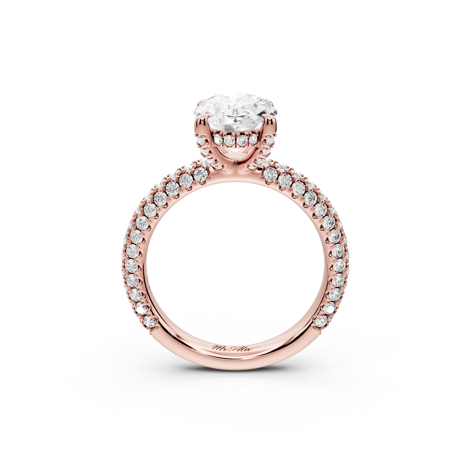Emilia - 2ct 14k rose gold oval Hidden Halo Diamond Crown Rollover Pavé Engagement Ring