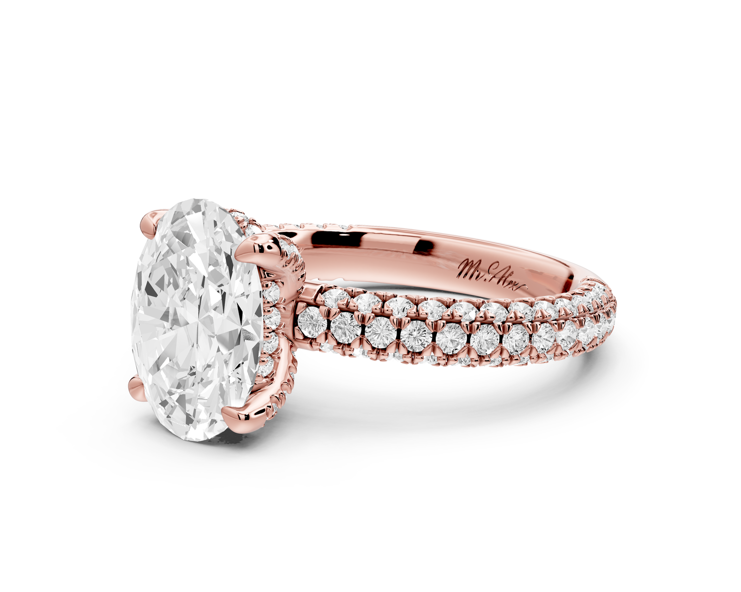 Emilia - 2ct 14k rose gold oval Hidden Halo Diamond Crown Rollover Pavé Engagement Ring