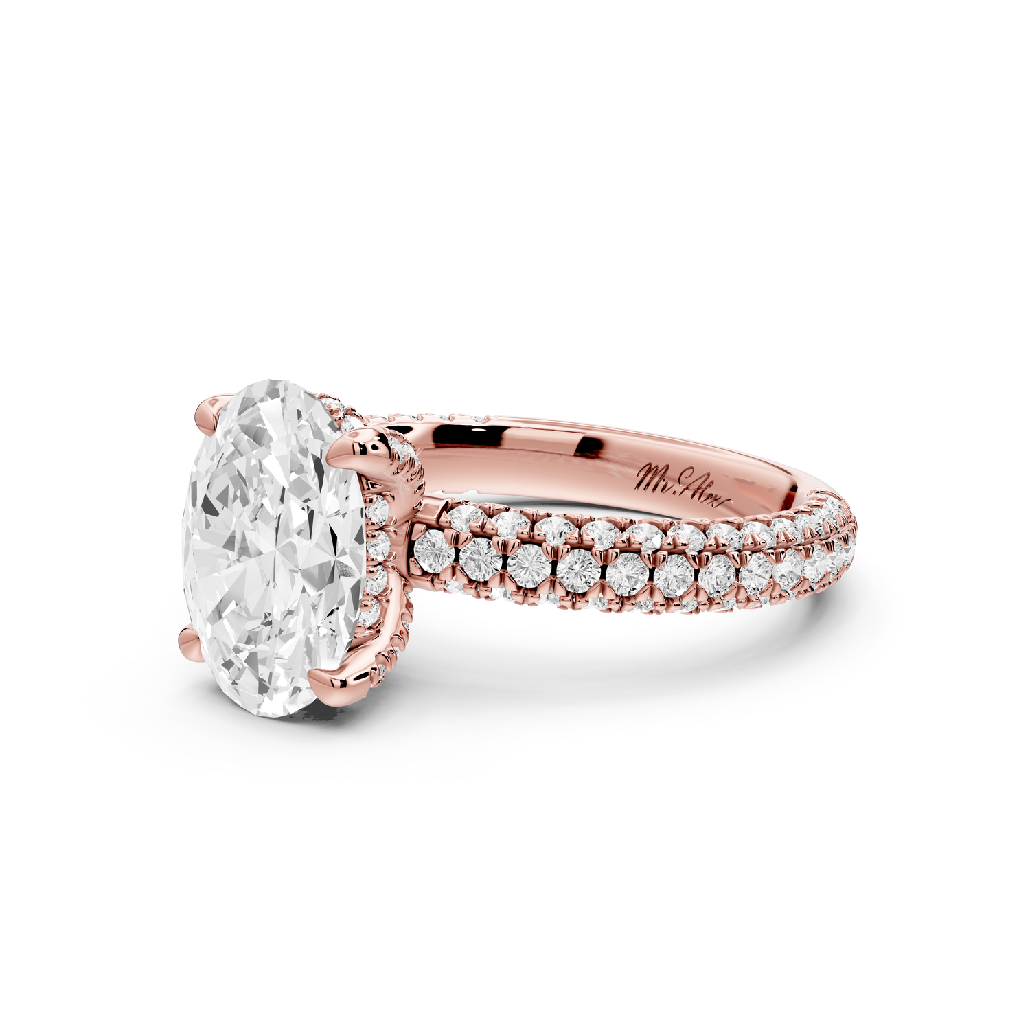 Emilia - 2ct 14k rose gold oval Hidden Halo Diamond Crown Rollover Pavé Engagement Ring