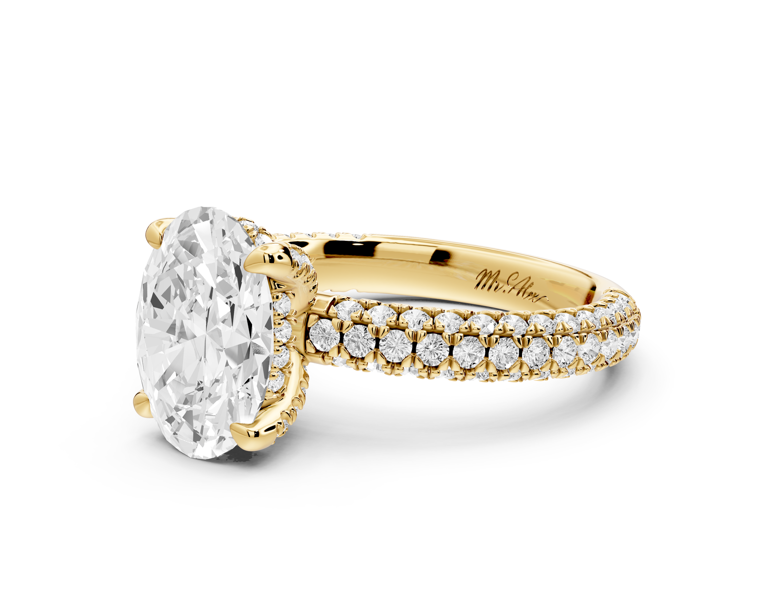 Emilia - 2ct 14k yellow gold oval Hidden Halo Diamond Crown Rollover Pavé Engagement Ring