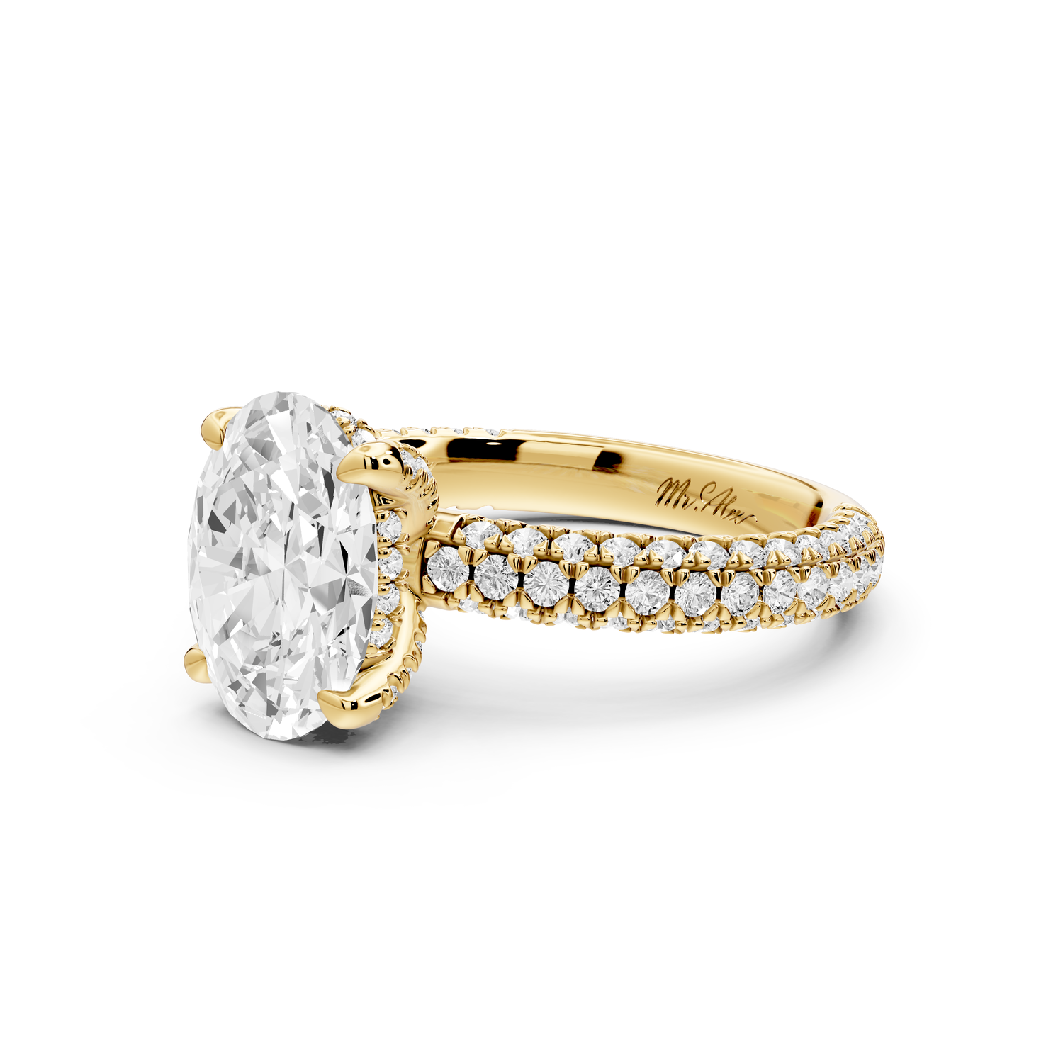 Emilia - 2ct 14k yellow gold oval Hidden Halo Diamond Crown Rollover Pavé Engagement Ring