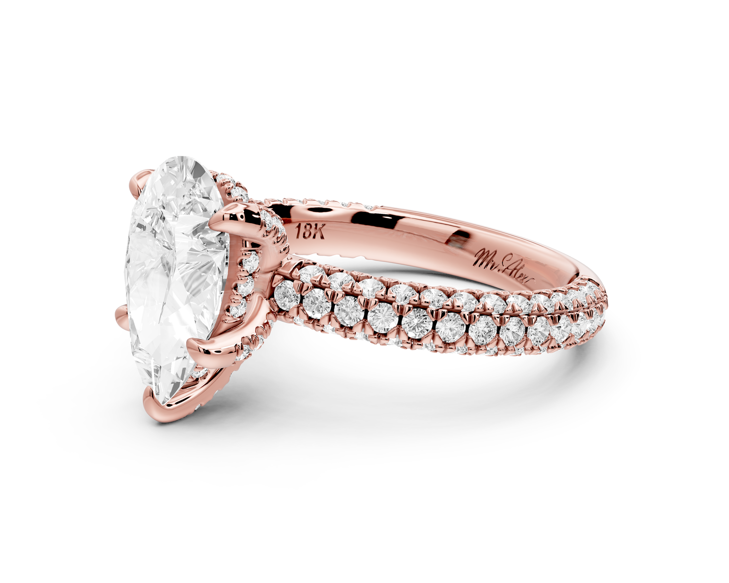 Emilia - 2ct 14k rose gold pear Hidden Halo Diamond Crown Rollover Pavé Engagement Ring