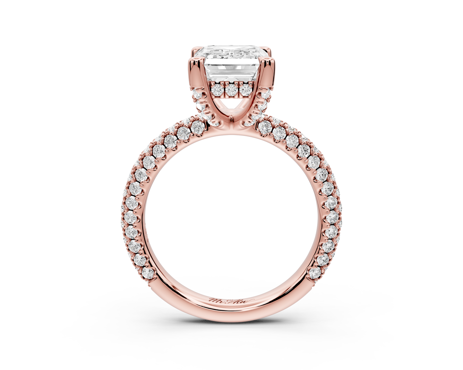 Emilia - 3ct 14k rose gold emerald Hidden Halo Diamond Crown Rollover Pavé Engagement Ring