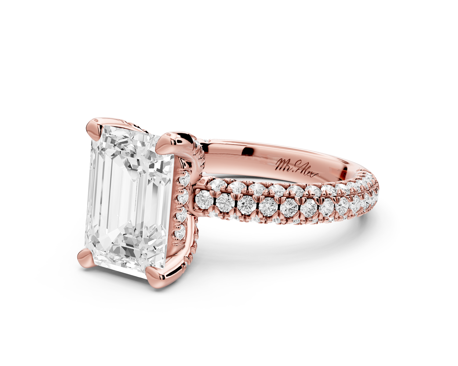 Emilia - 3ct 14k rose gold emerald Hidden Halo Diamond Crown Rollover Pavé Engagement Ring