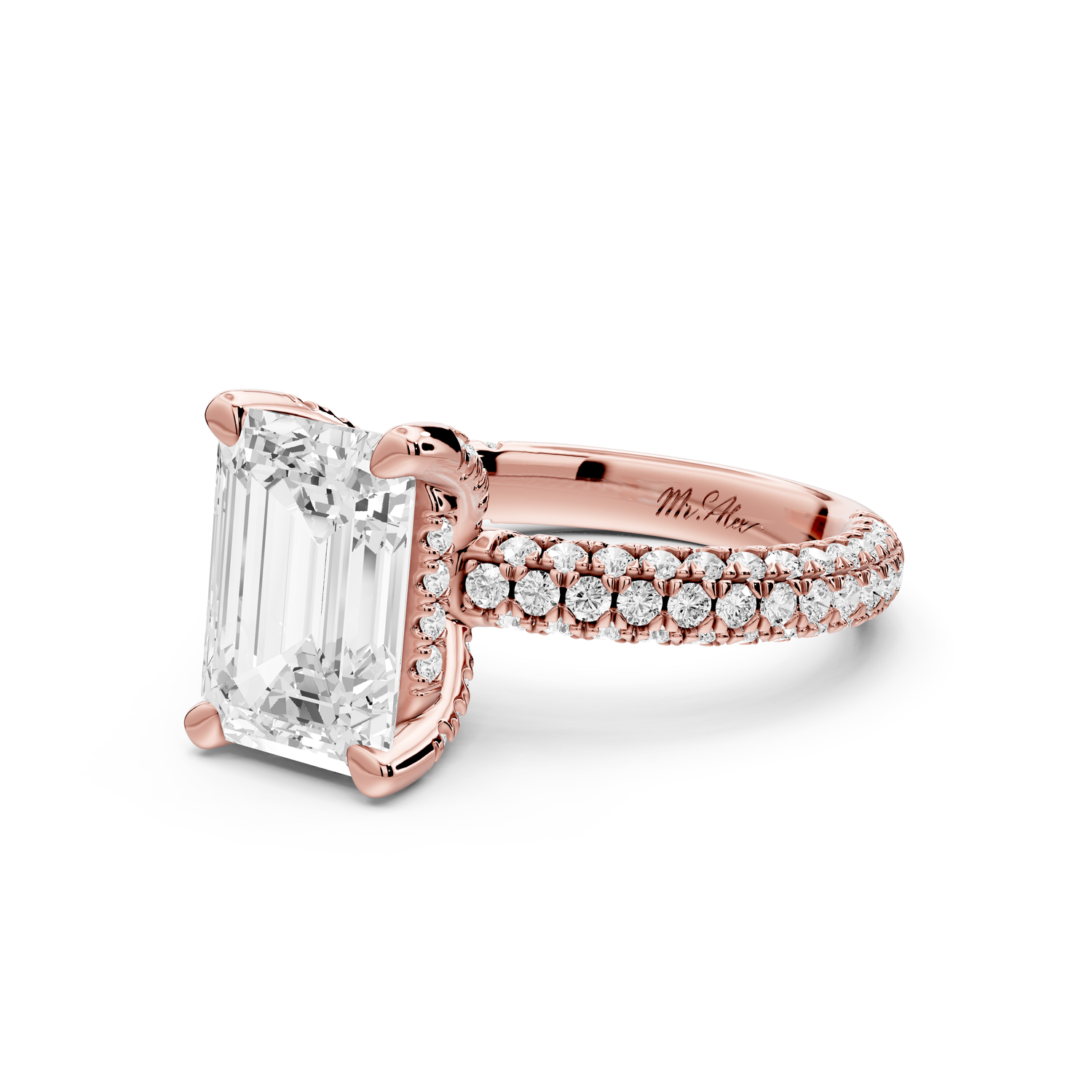 Emilia - 3ct 14k rose gold emerald Hidden Halo Diamond Crown Rollover Pavé Engagement Ring