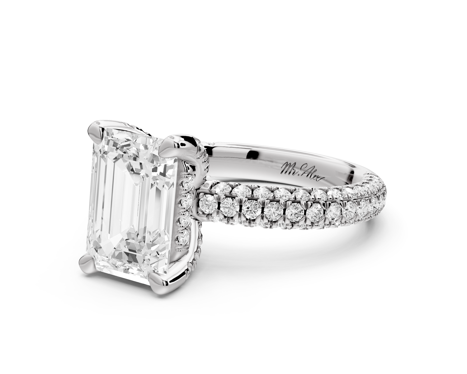 Emilia - 3ct 14k white gold emerald Hidden Halo Diamond Crown Rollover Pavé Engagement Ring