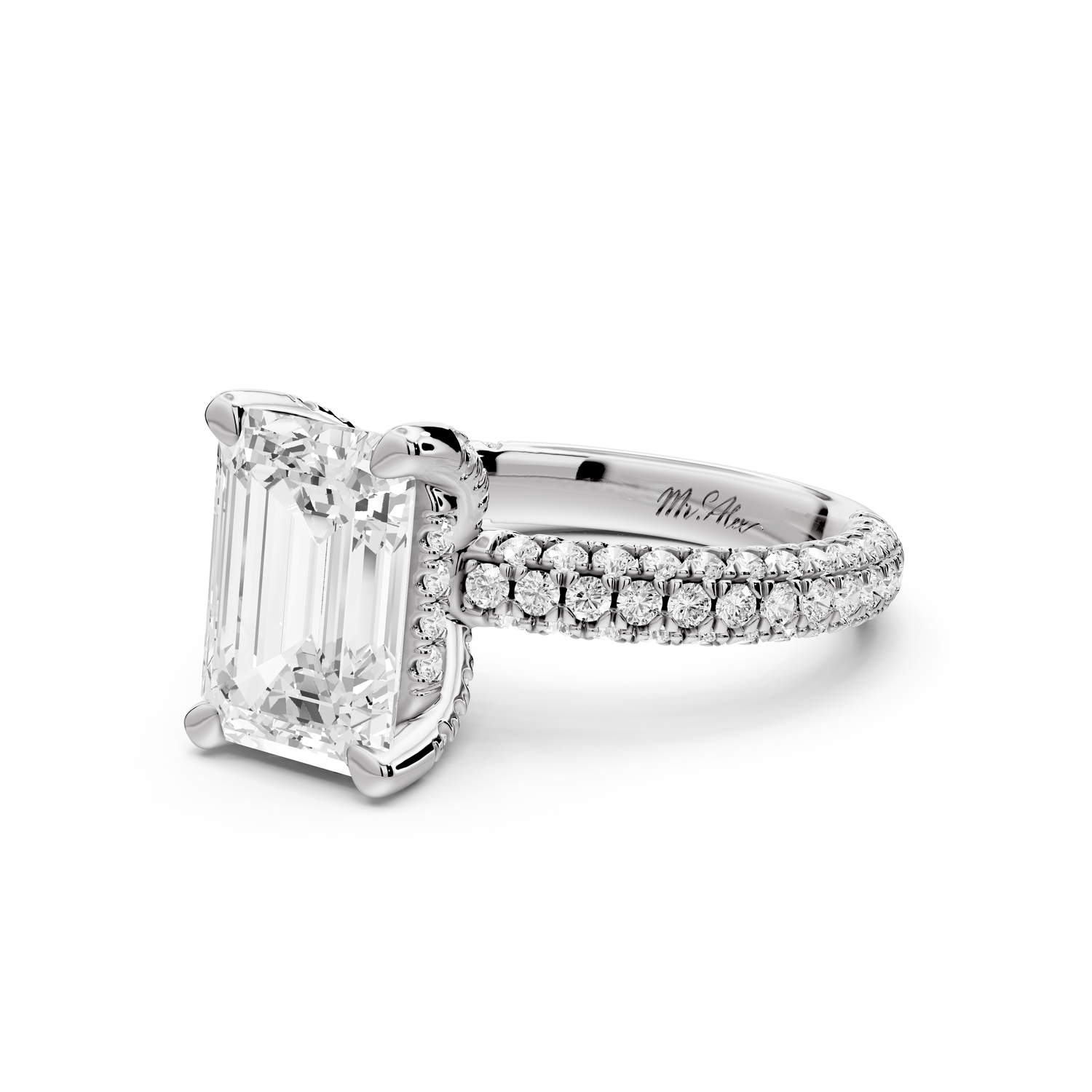 Emilia - 3ct 14k white gold emerald Hidden Halo Diamond Crown Rollover Pavé Engagement Ring
