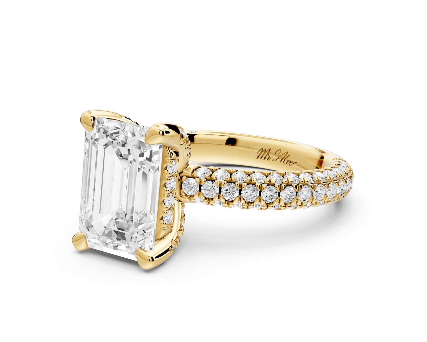 Emilia - 3ct 14k yellow gold emerald Hidden Halo Diamond Crown Rollover Pavé Engagement Ring