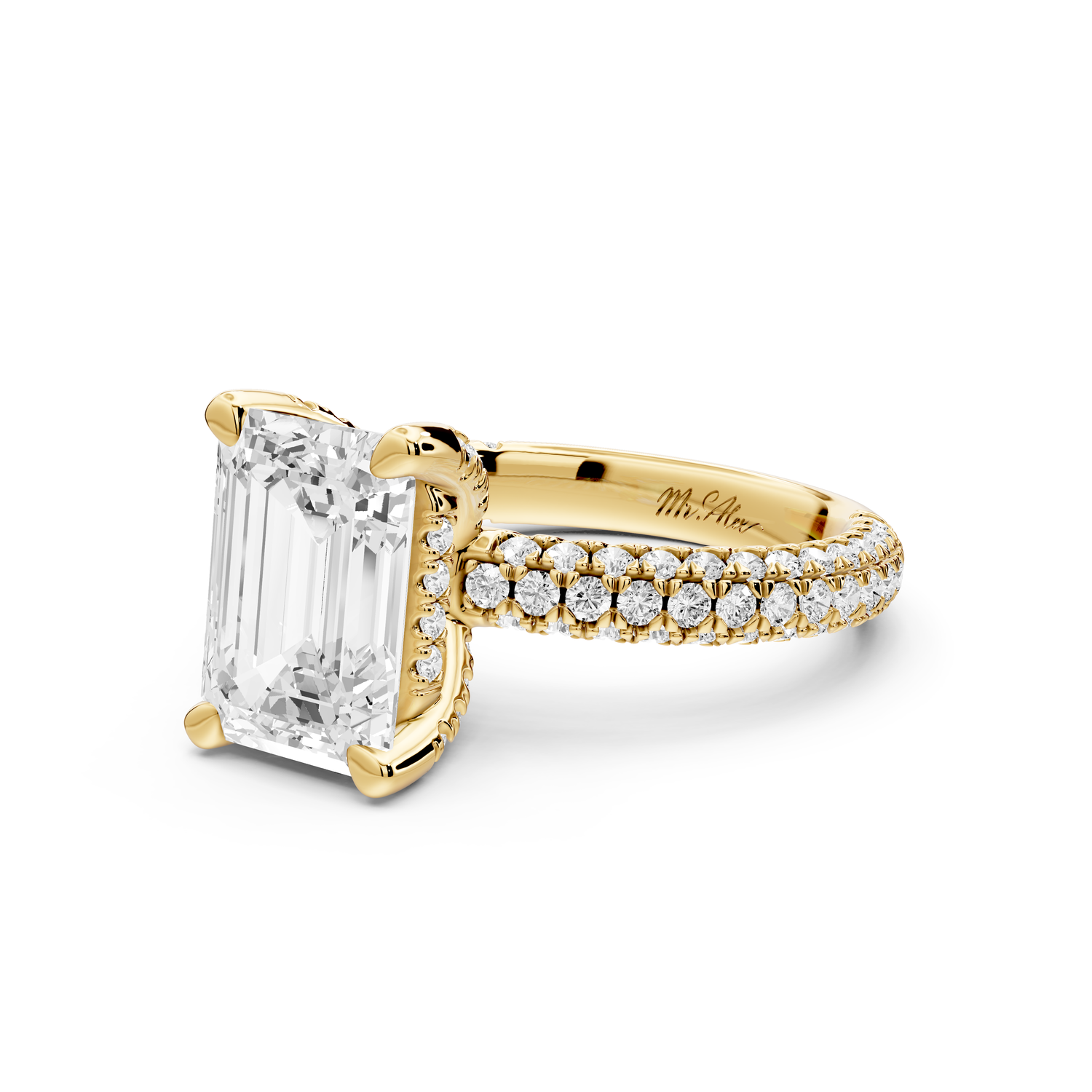 Emilia - 3ct 14k yellow gold emerald Hidden Halo Diamond Crown Rollover Pavé Engagement Ring