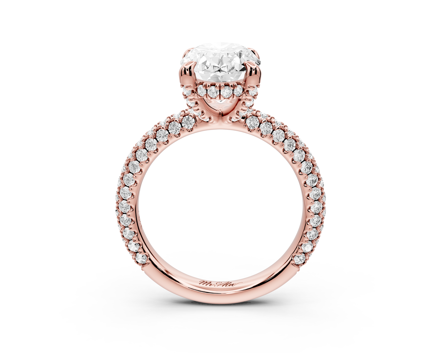Emilia - 3ct 14k rose gold oval Hidden Halo Diamond Crown Rollover Pavé Engagement Ring