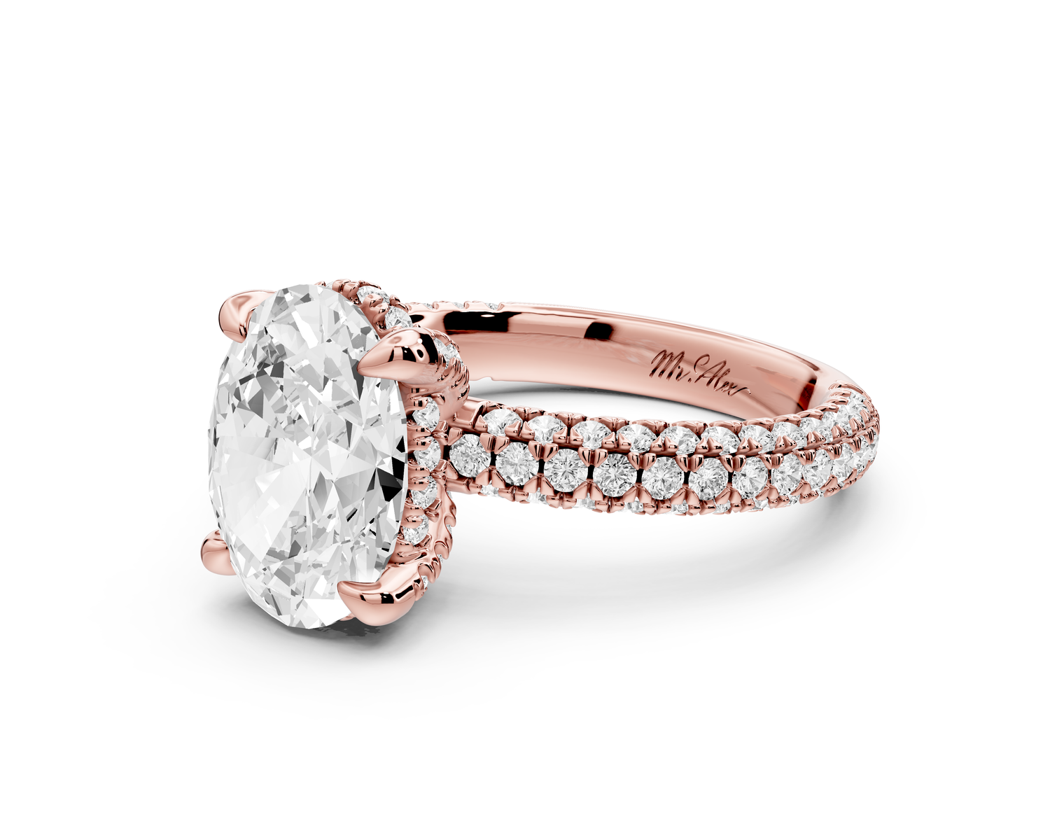 Emilia - 3ct 14k rose gold oval Hidden Halo Diamond Crown Rollover Pavé Engagement Ring