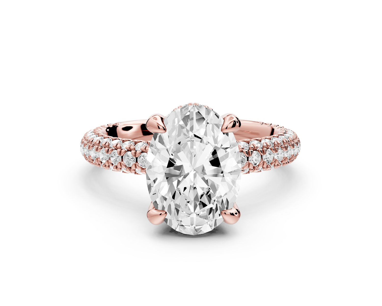 Emilia - 3ct 14k rose gold oval Hidden Halo Diamond Crown Rollover Pavé Engagement Ring