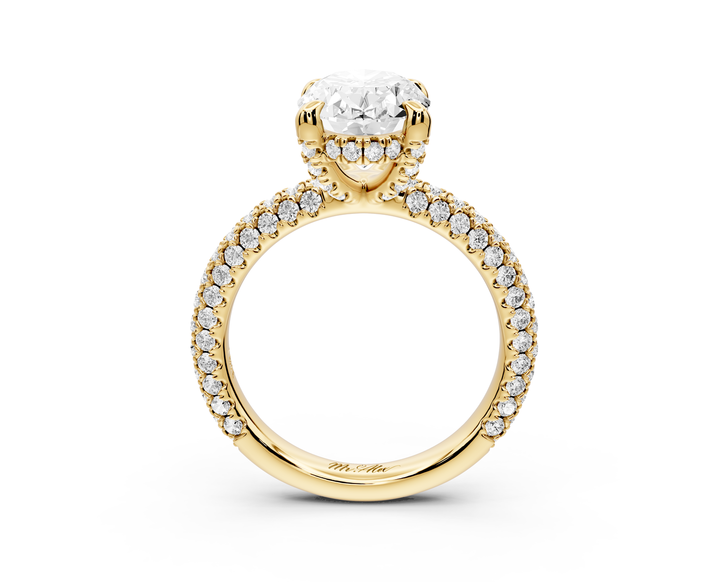 Emilia - 3ct 14k yellow gold oval Hidden Halo Diamond Crown Rollover Pavé Engagement Ring