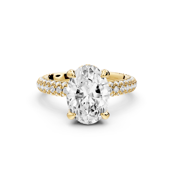 Emilia - 3ct 14k yellow gold oval Hidden Halo Diamond Crown Rollover Pavé Engagement Ring