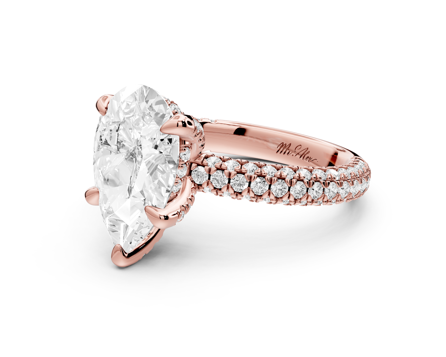 Emilia - 3ct 14k rose gold pear Hidden Halo Diamond Crown Rollover Pavé Engagement Ring