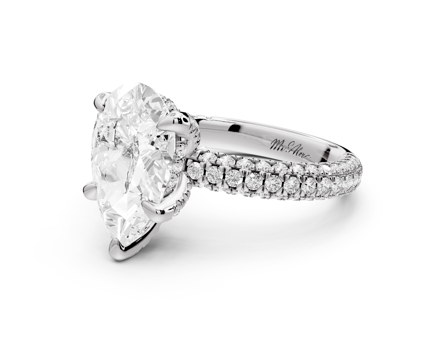 Emilia - 3ct 14k white gold pear Hidden Halo Diamond Crown Rollover Pavé Engagement Ring