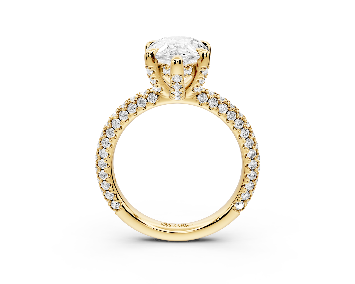 Emilia - 3ct 14k yellow gold pear Hidden Halo Diamond Crown Rollover Pavé Engagement Ring