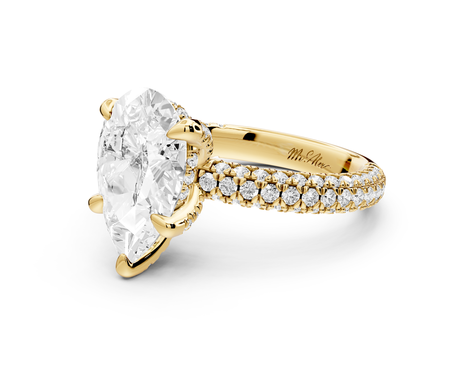 Emilia - 3ct 14k yellow gold pear Hidden Halo Diamond Crown Rollover Pavé Engagement Ring