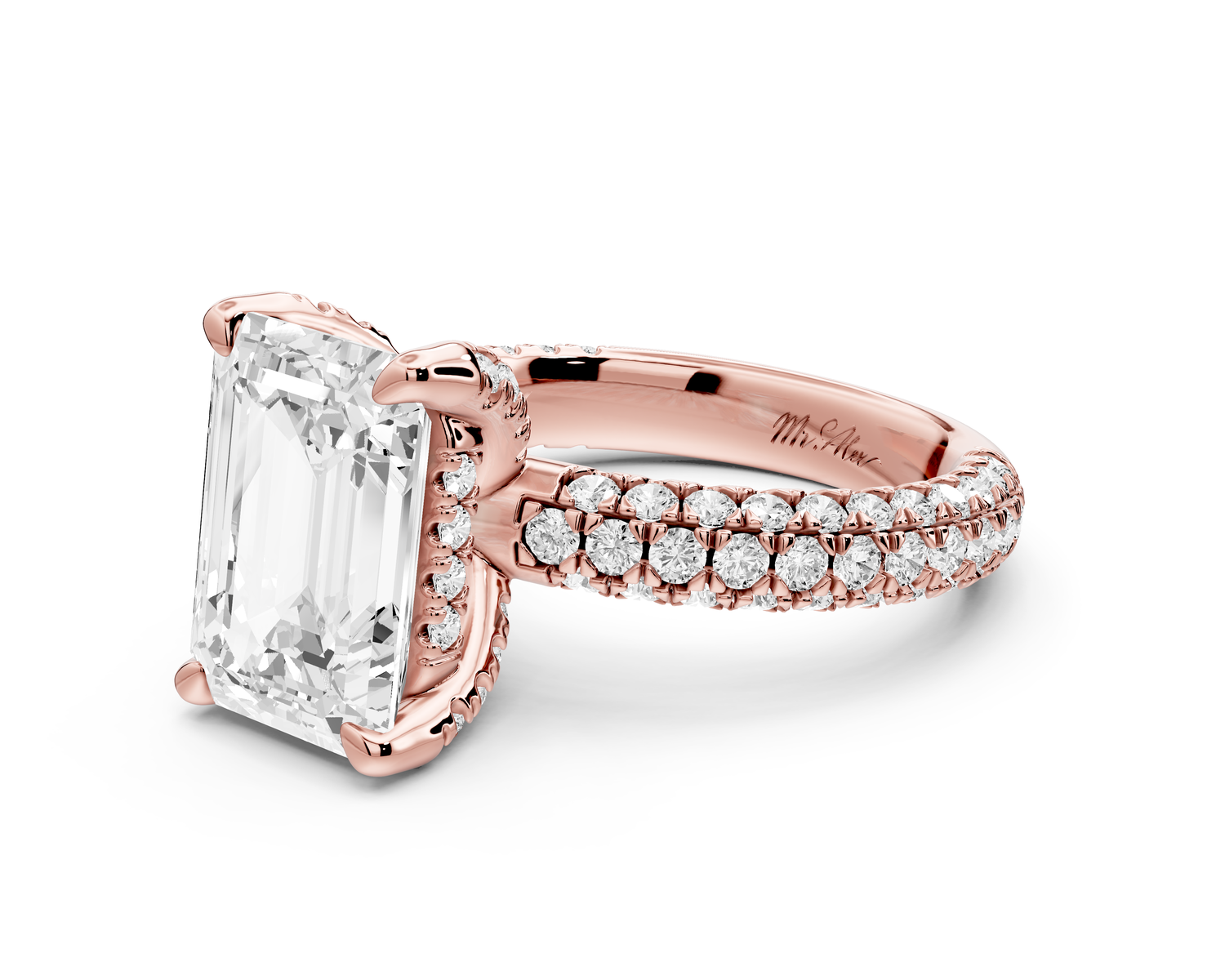 Emilia - 4ct 14k rose gold emerald Hidden Halo Diamond Crown Rollover Pavé Engagement Ring