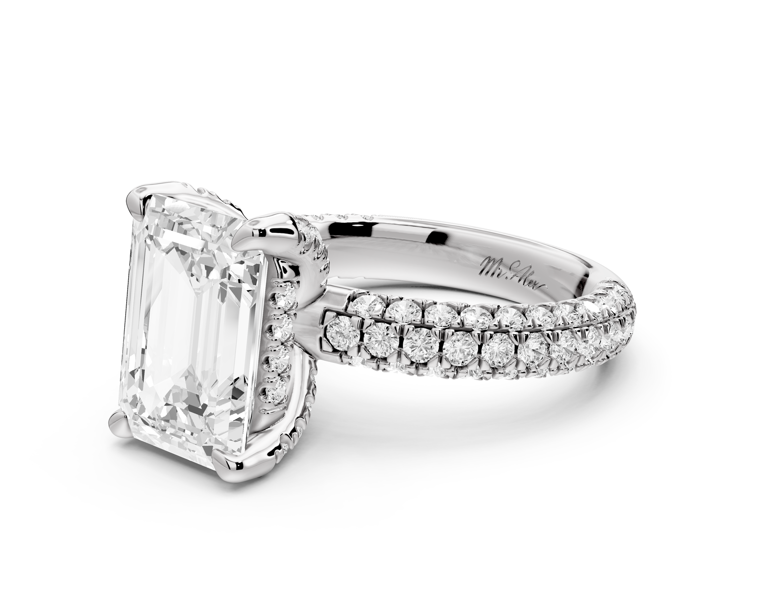 Emilia - 4ct 14k white gold emerald Hidden Halo Diamond Crown Rollover Pavé Engagement Ring