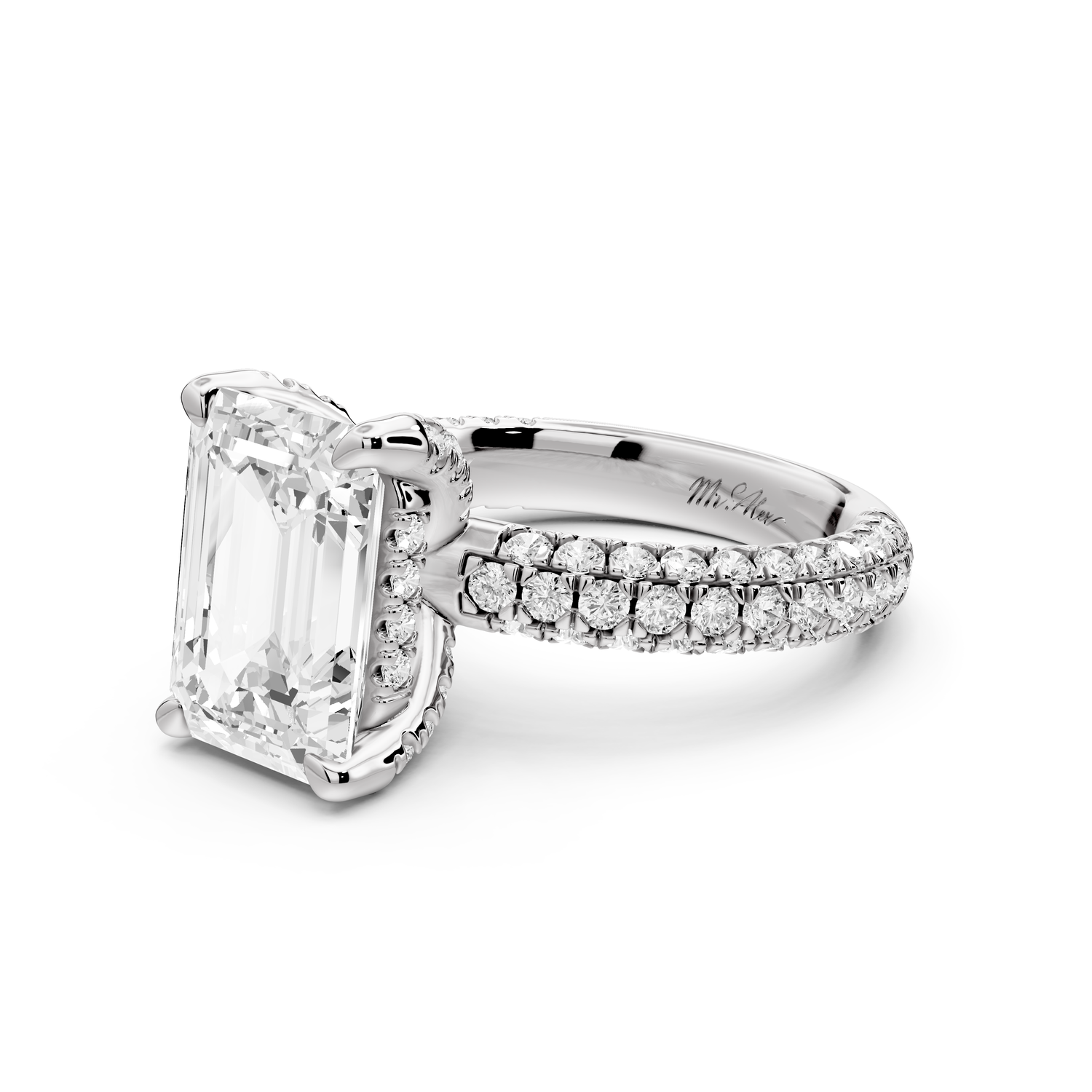 Emilia - 4ct 14k white gold emerald Hidden Halo Diamond Crown Rollover Pavé Engagement Ring