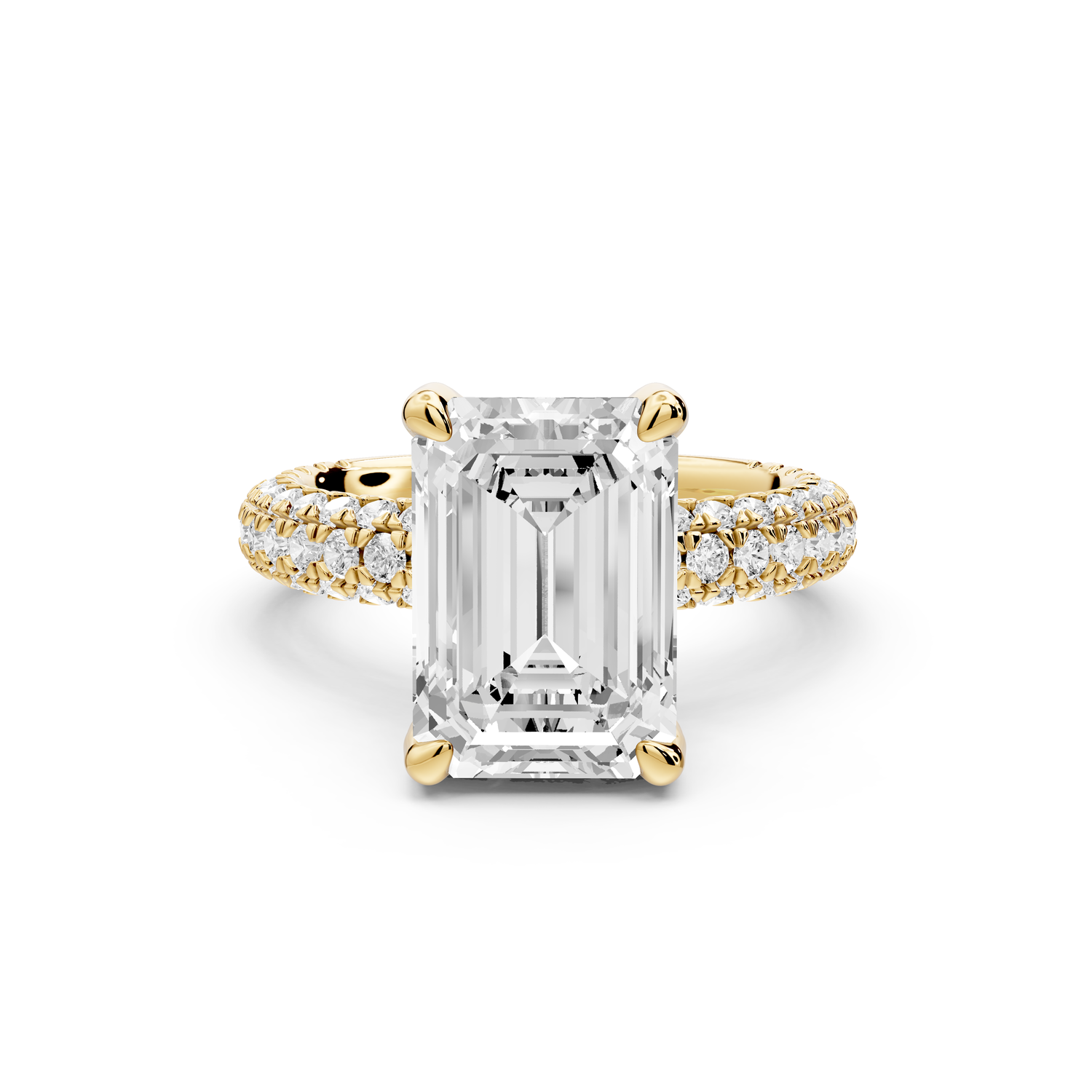 Emilia - 4ct 14k yellow gold emerald Hidden Halo Diamond Crown Rollover Pavé Engagement Ring